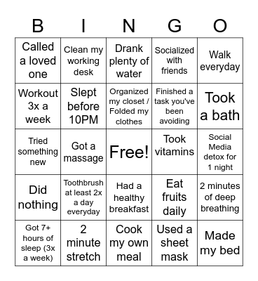 Self Care Bingo Card