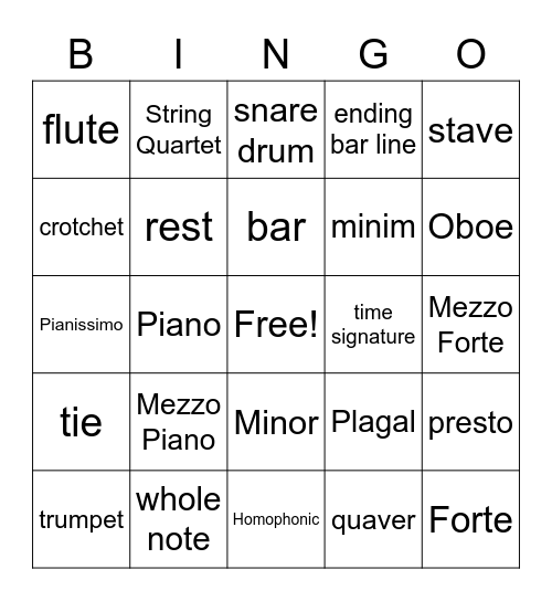 Musical terms Bingo Card