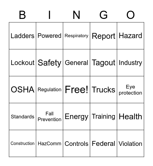 Safety Bingo Card