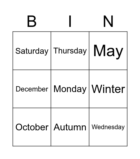 Days of the week/Months/Seasons Bingo Card