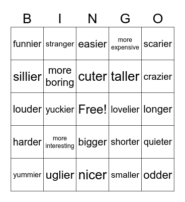 Comparatives Bingo Card