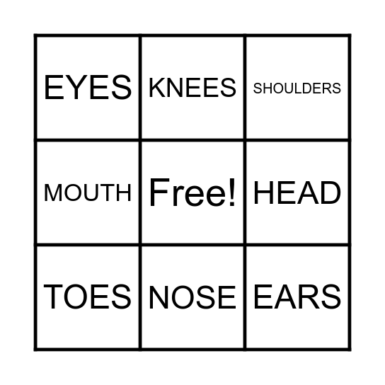 Head, Shoulder, Knees, and Toes Bingo Card