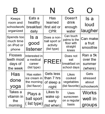 Health Behavior Bingo Card