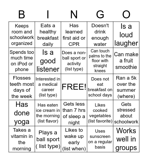 Health Behavior Bingo Card