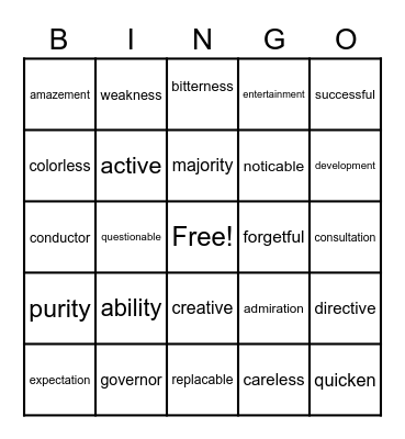 Suffix Bingo Card