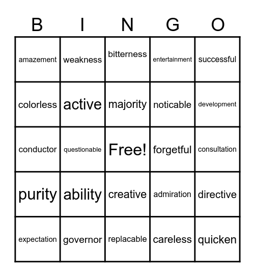 Suffix Bingo Card