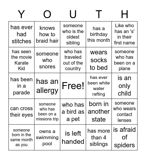 Youth Night 2022 Bingo Card