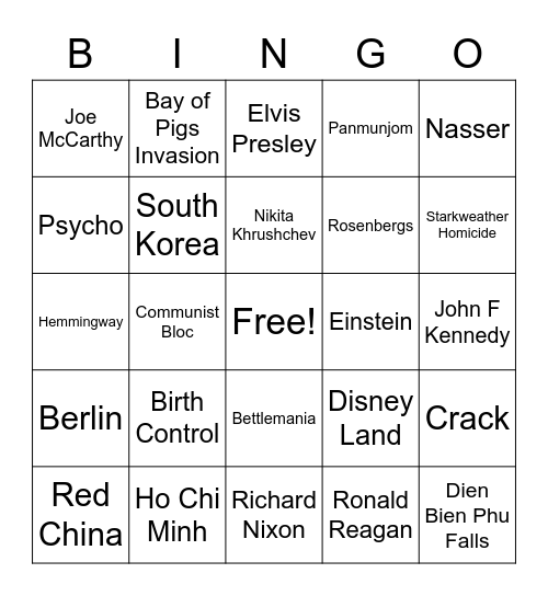 Cold War Extra Credit Bingo Card