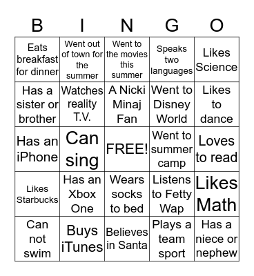 Getting to Know You! Bingo Card