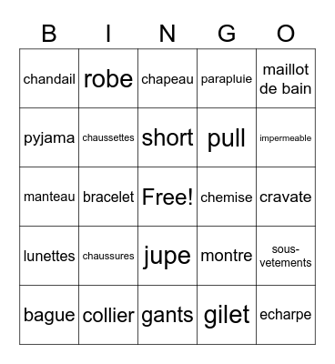 Les vetements 2022 Bingo Card