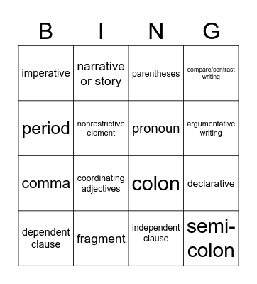 English Vocabulary Bingo Card