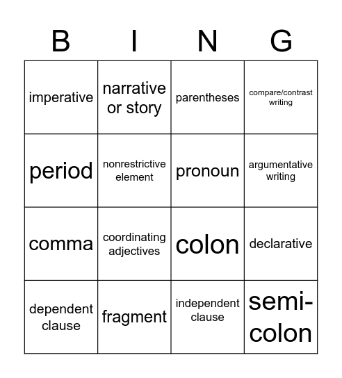 English Vocabulary Bingo Card