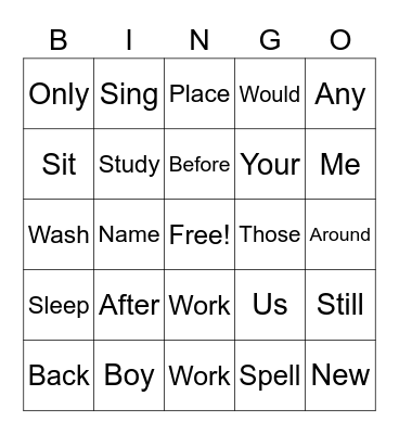 Sight Words Bingo Card
