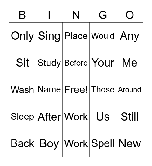Sight Words Bingo Card