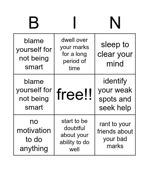 ways you cope with bad grades Bingo Card