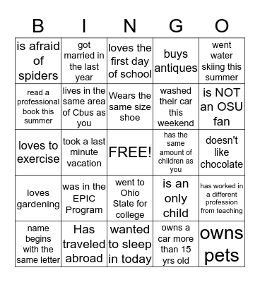 Human Bingo:  Find someone who(se)... Bingo Card