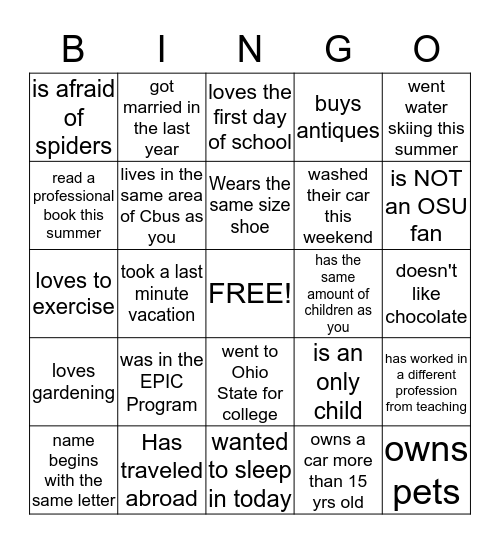 Human Bingo:  Find someone who(se)... Bingo Card