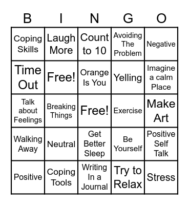 Coping Skills And Tools Bingo Card