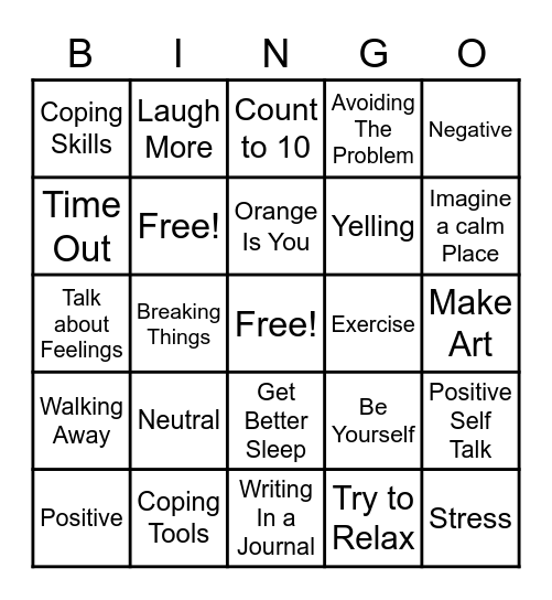 Coping Skills And Tools Bingo Card