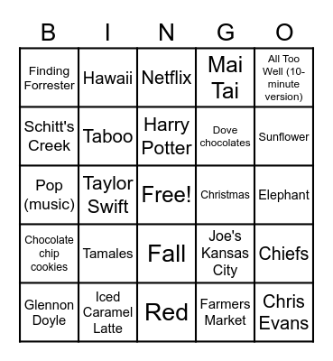 Ashley's Favorite Things Bingo Card