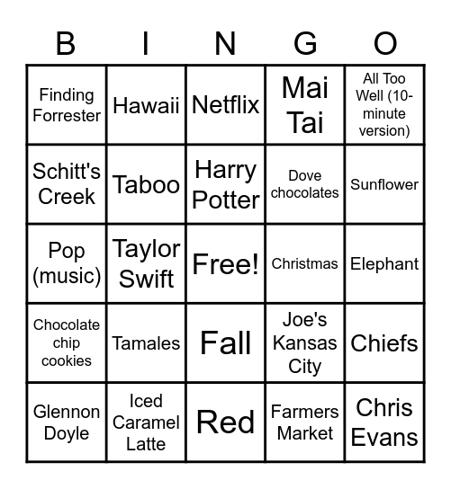 Ashley's Favorite Things Bingo Card