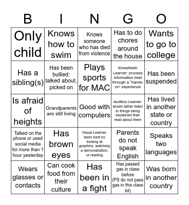 Getting to Know My Classmates Bingo Card