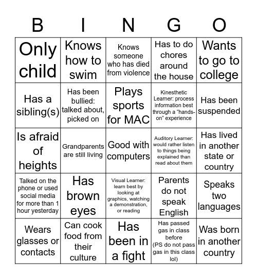 Getting to Know My Classmates Bingo Card