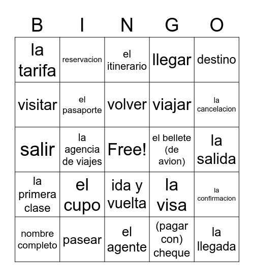 Vocabulario A2 Bingo Card