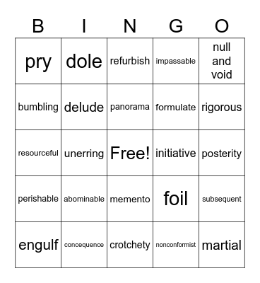 Vocabulary Bingo Card