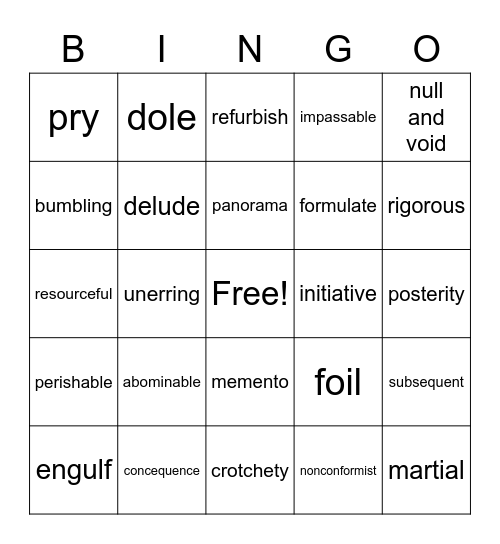 Vocabulary Bingo Card