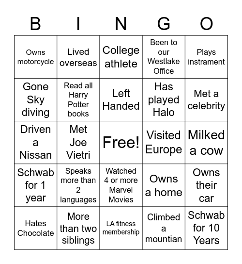Elevation Bingo Card