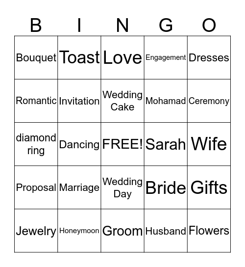 Sarah's Bridal Shower Bingo Card