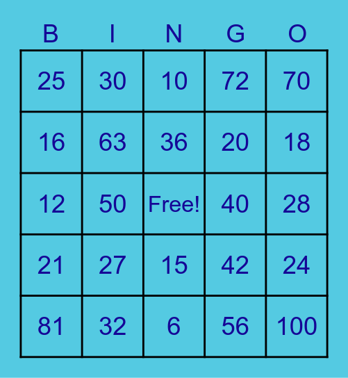 Multiplication BINGO Card