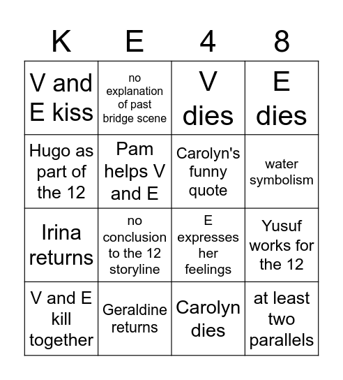 Killing Eve Finale Predictions Bingo Card