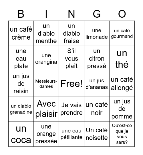 Au Café - les Boissons Bingo Card