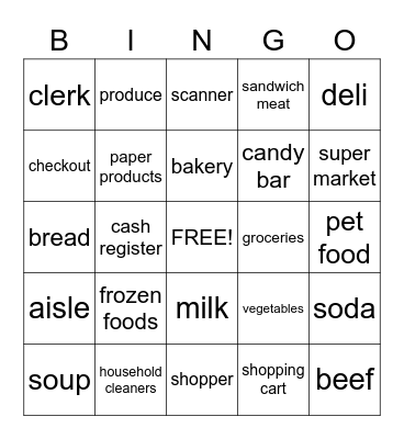 SUPERMARKET VOCABULARY Bingo Card