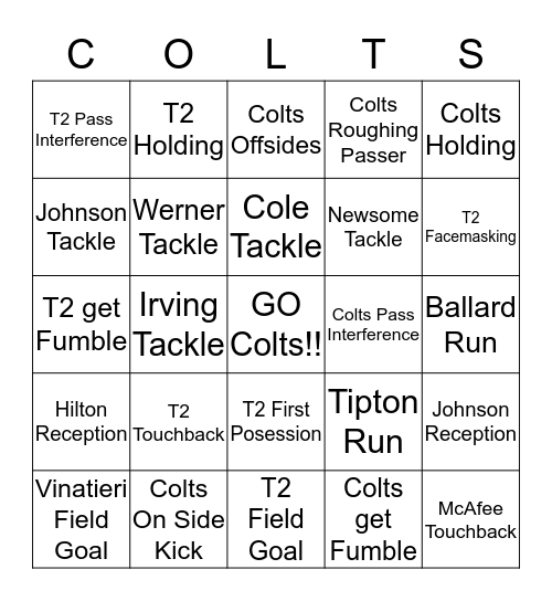 Colts Bingo  Bingo Card