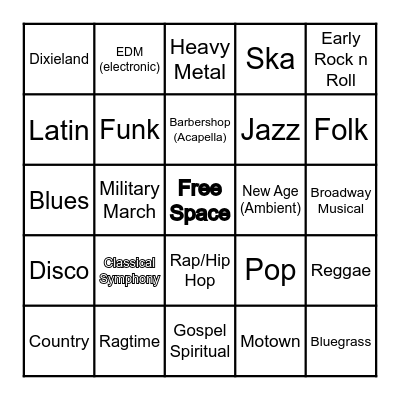 Musical Styles Bingo Card