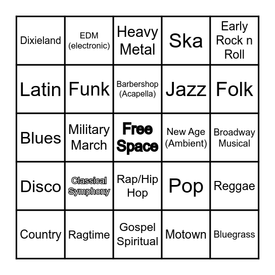 Musical Styles Bingo Card