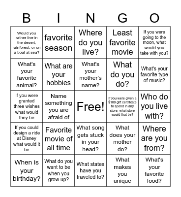 Getting to know Questions Bingo Card