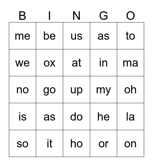 Two Letter Words Bingo Card