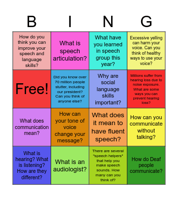 Better Speech and Hearing Month Bingo Card