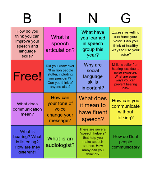 Better Speech and Hearing Month Bingo Card