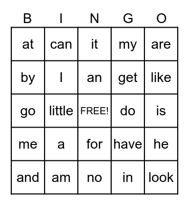 Sight Words Bingo Card