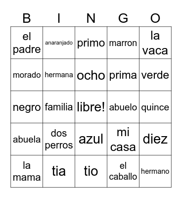 Familia, Colores, Numeros, Animales Bingo Card