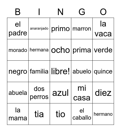 Familia, Colores, Numeros, Animales Bingo Card