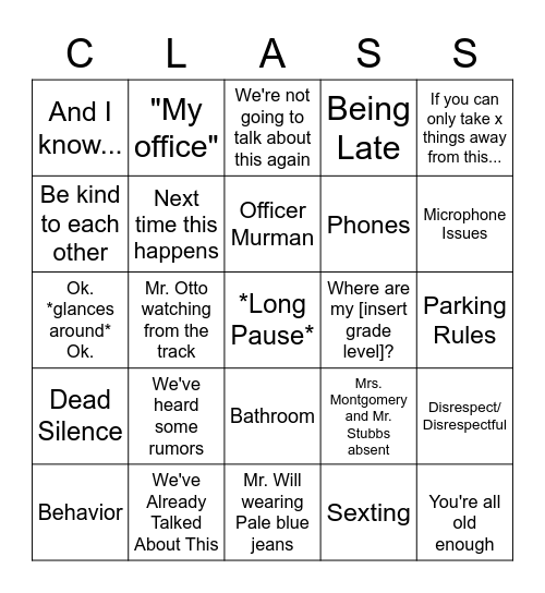 Class Assembly Bingo Card
