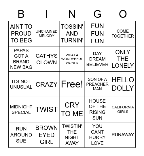 60 S GROOVY LIST Bingo Card