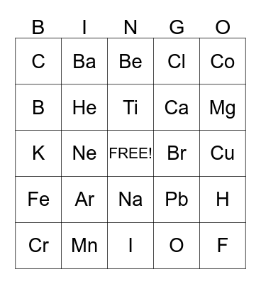 Periodic Table Bingo  Bingo Card