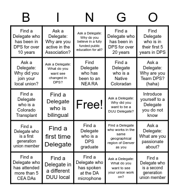 Getting to Know our DUU Delegates Bingo Card